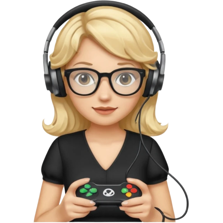 
gamer, woman with blond wavy hair, tight black dress with a white line with glasses, headphone, gamepad emoji