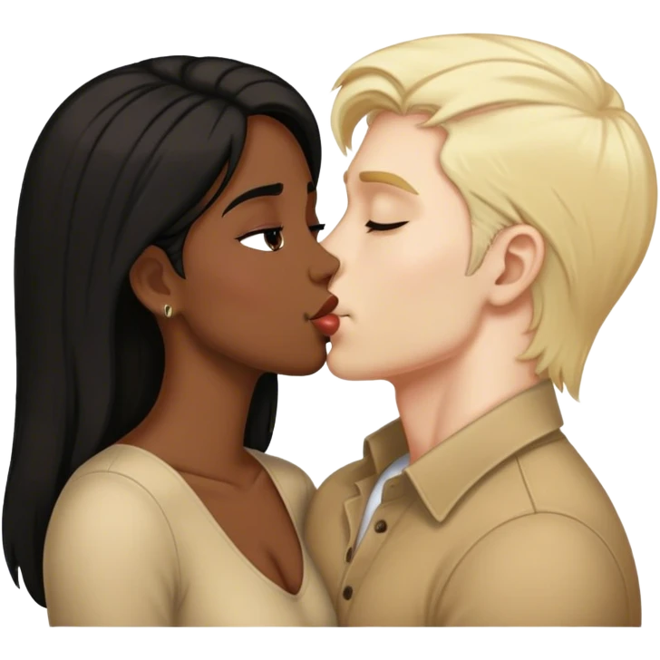 white skin blond hair man kissing brown skin black hair woman emoji