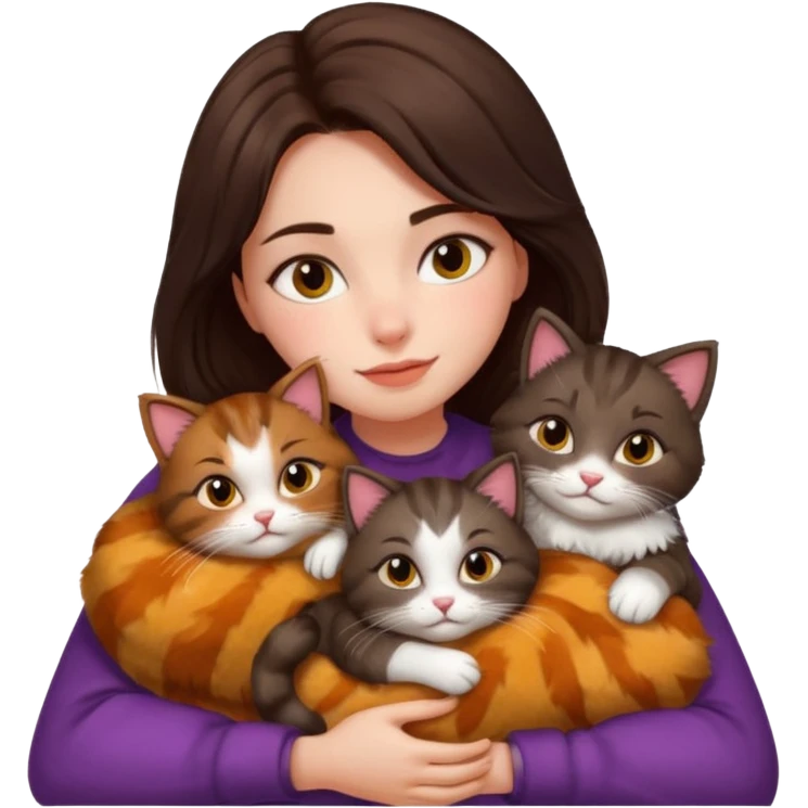 brunette girl snuggling 6 cats emoji