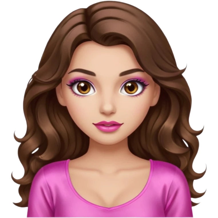 girl with long wavy brown hair, brown eyes, long lashes makeup, sexy pink lips, light to medium complexion, wearing a pink sexy top emoji