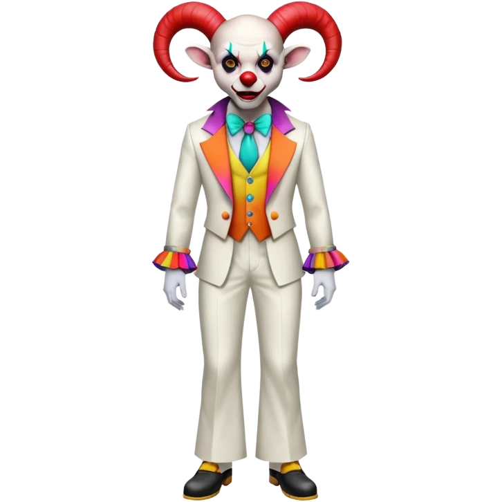 full-body demonic clown in a white leisure suit with bellbottom pants, bald, black ram horns, flashy belt, ruffled shirt, colorful tie, no elevator shoes emoji