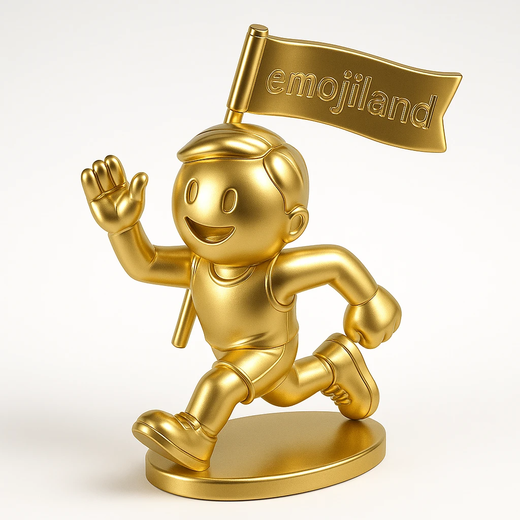 happy runner waving a flag that says 'emojiland' emoji