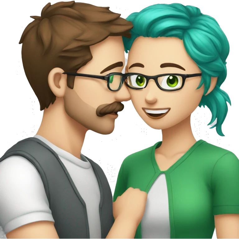 A man with brown hair blue eyes and a mustache is kissing a green haired girl who is thin with green eyes and wearing glasses emoji