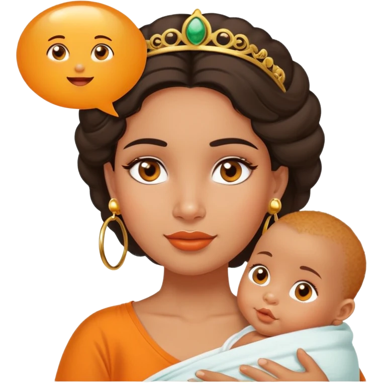 An olive skinned Latina princess with brown eyes and gold earring hoops with a speech bubble saying “Hey Hooch? You doin’ ok?” To an oversized orange baby in a nappy emoji