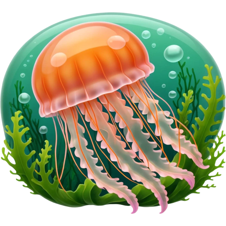 Beautiful pale pink and orange transparent jellyfish among algae  emoji