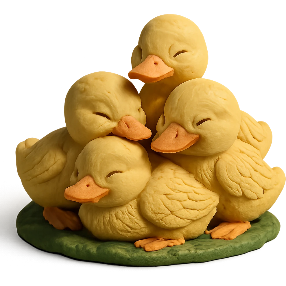 ducklings huddled together on grass, cozy and cheerful, detailed feathers, claymation style emoji