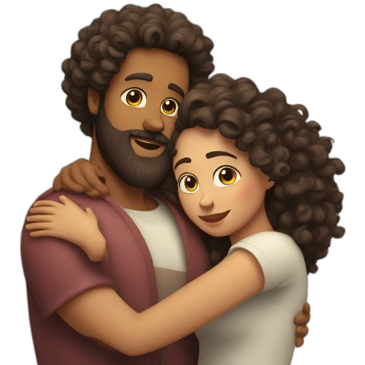 Beard Man and curly woman hug love emoji