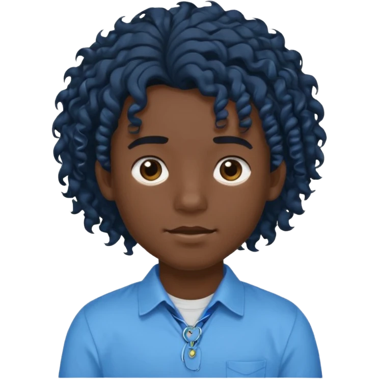 یه پسر با موهای  بلند و فرفری با لباس ابی موهاشو بسته باشه emoji