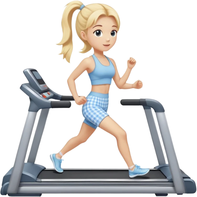 blonde girl on treadmill wearing light blue gingham yoga set emoji