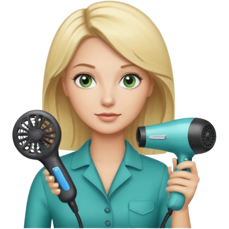 Blonde bob girl hair stylist with blue green eyes holding a hair dryer emoji