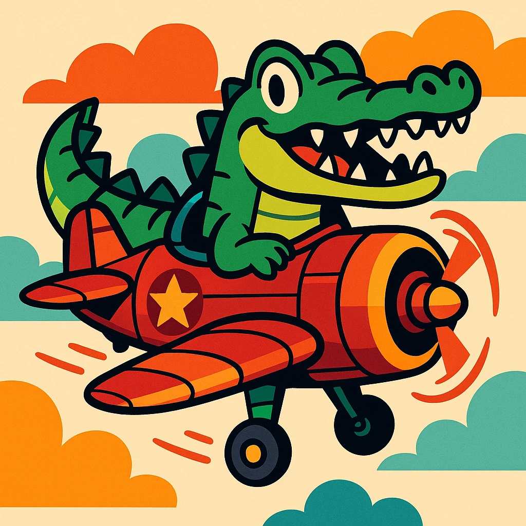a crocodile merged with a classic bomber plane, cartoon style, dynamic, fun emoji