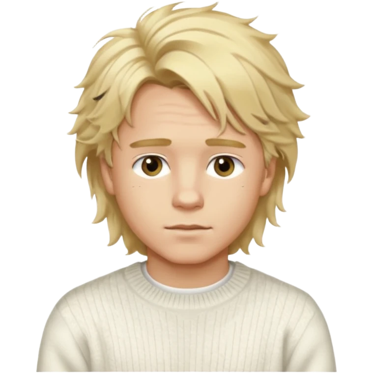 Create a look for a blond boy with long, tousled hair, light eyes, a white sweater, a wealthy appearance, blue eyes, and accessories like a Rolex or Cartier watch, and a cute face with messy hair down. emoji