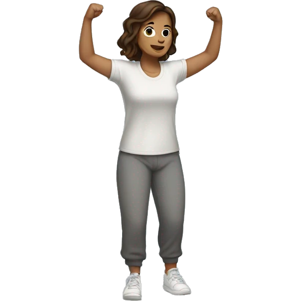 A woman in sweatpants and a t shirt standing up, full body view she is holding her arms out as if se is handing someone something, brown hair emoji