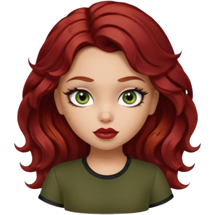 a pretty fair bratz girl with wavy dark red hair, wearing a black tee. eyeliner on, olive green eyes. Waist up emoji