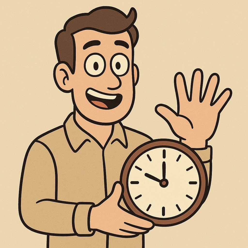 man with a clock in one hand, showing five fingers with the other, friendly expression, minimal background emoji