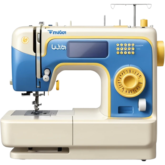 Modern Brother-style computerized sewing machine emoji, white and this yellow #FFB31E and light gray with a blue thread spool, small LCD screen and round dial, three-quarter view, soft gradients and shadows in Apple emoji style, plain light background. emoji