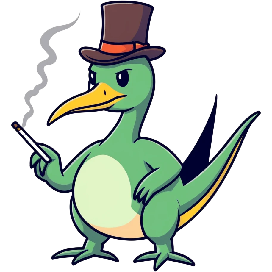 A pterodactyl smoking a joint wearing a top hat emoji