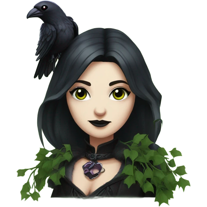 the morrigan goth woman version vines style furr robe stylish boots, perfect eyes, raven on hand, green vines decor on ground emoji