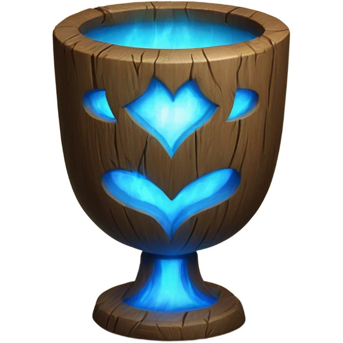 A magical goblet, large and imposing, made of aged wood with a smooth surface. It emits a bright blue glow, with magical flames dancing inside, symbolizing its power and mystery. emoji