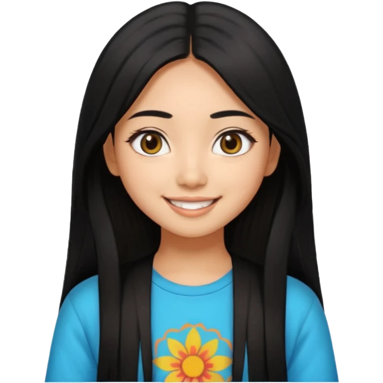 20 yr old asian woman hair trendy clothes center part big eyes big smile tanned skin straight black hair hippie part hair  emoji