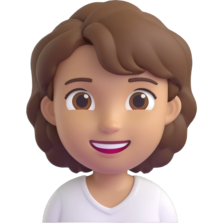 3D emoji style character with short tousled brown hair, smiling, light skin, white shirt emoji