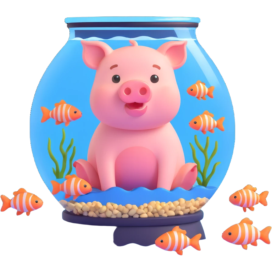 little pig sitting inside a fish tank with several small fish in the water, warm and interesting scene emoji