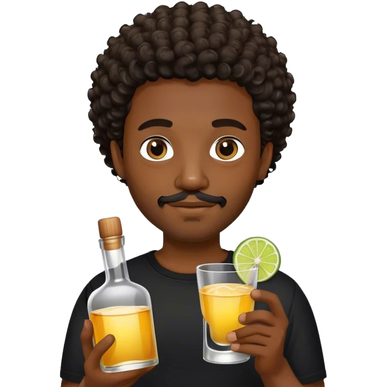 dark black guy, short curly hair, facial hair, holding tequila, black shirt  emoji