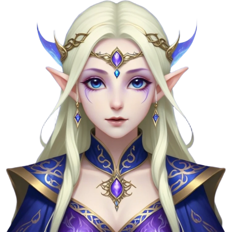 Cinematic Realistic WoW Elf Mage Portrait, depicted with ethereal, otherworldly beauty and refined arcane mastery. Clad in an intricately detailed robe in consistent deep blues and purples accented with shimmering gold filigree, her luminous, porcelain-like skin and delicate features evoke timeless elegance. Her piercing, mystical eyes radiate ancient wisdom, rendered with lifelike texture and subtle, magical lighting, high shine, noble and majestic, capturing the essence of a legendary elven sorceress. emoji