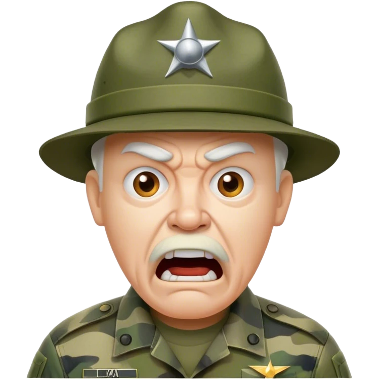 old yelling drill sergeant character wearing a classic sergeant hat and a camouflage army shirt. The character should have an angry intense expression. emoji