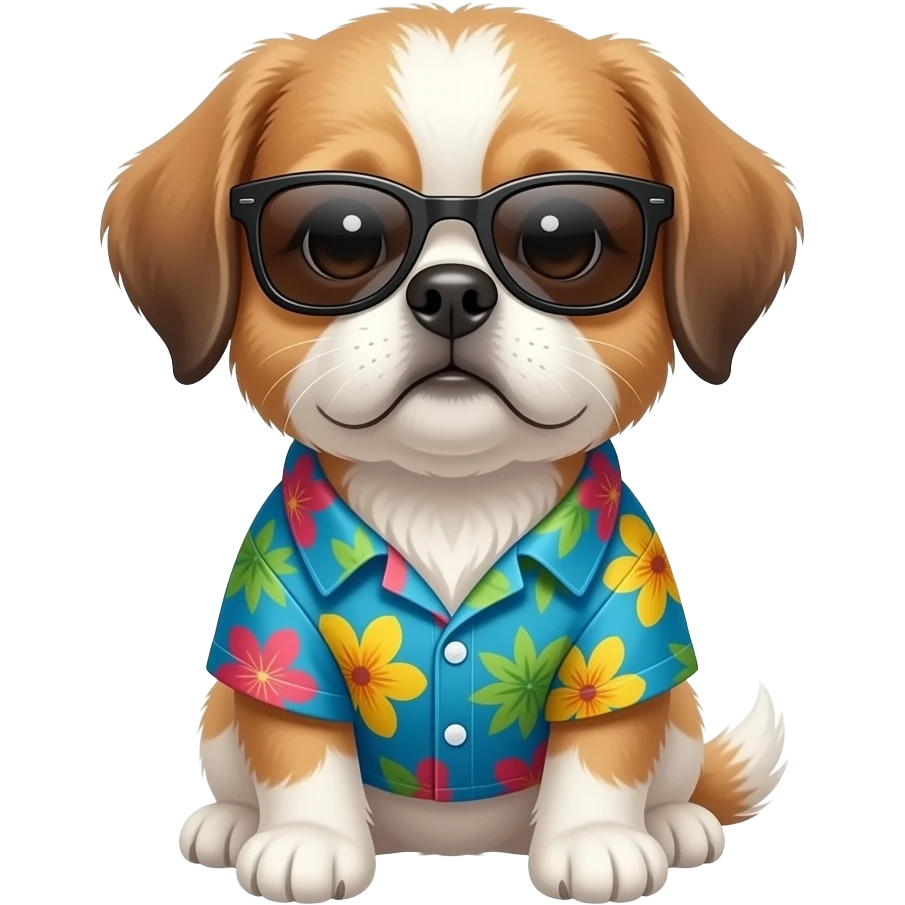 shitzu Dog – wearing colorful aloha shirt and sunglass front facing emoji