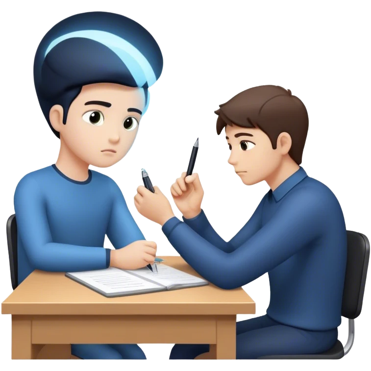 The present self sits at a desk, hesitating, while another glowing hand—representing the future self—rests reassuringly on their shoulder. In the other hand, the future self holds out a pen, gently encouraging action, symbolizing the power of starting despite doubt. emoji