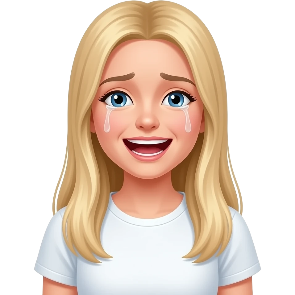 ragazza russa bionda occhi azzurri capelli lisci lunghi, lacrime da risate maglietta bianca emoji