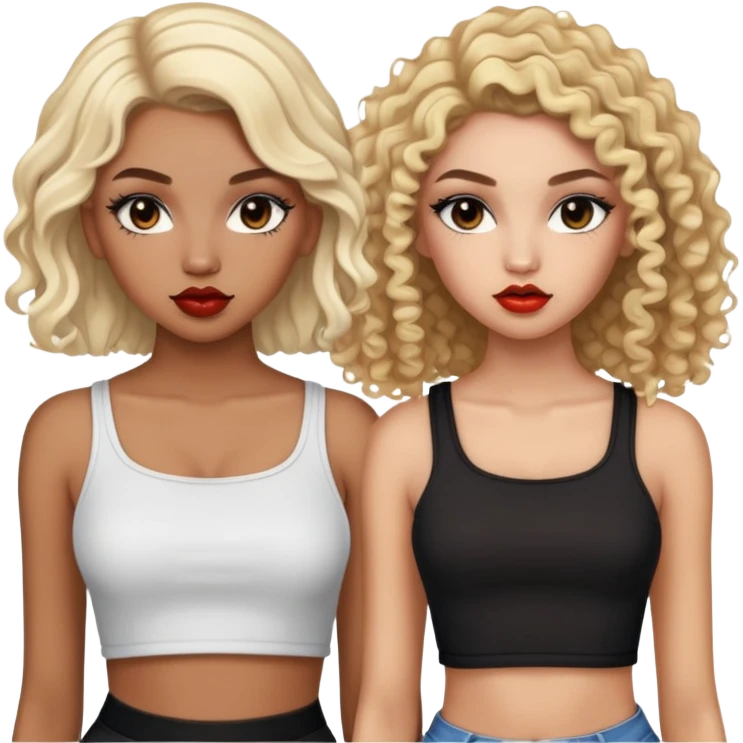 Two teenage girls together, one white with straight blonde hair and one brown-skinned with curly dark hair, both with heavy makeup, big lips, crop tops and choni style clothing emoji