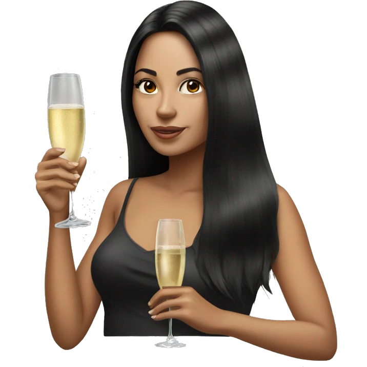 Hyperrealistic woman with black long hair drinks champagne emoji