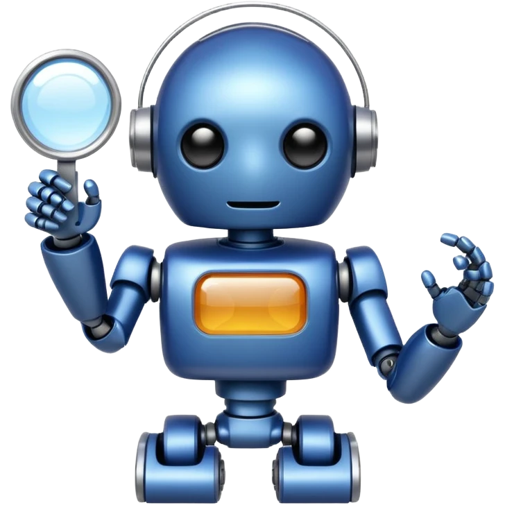 A little robot with a looking glass in indigo-500 emoji