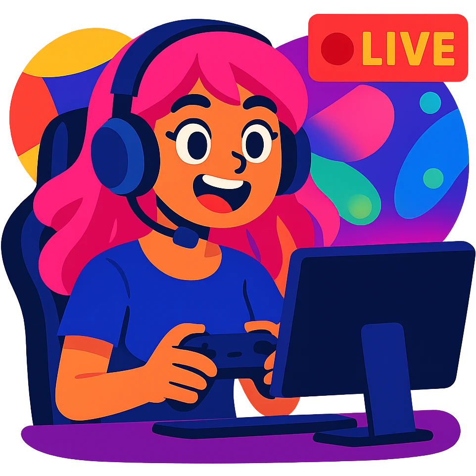 girl with pink hair streaming and playing video games, vibrant and expressive, colorful lights emoji
