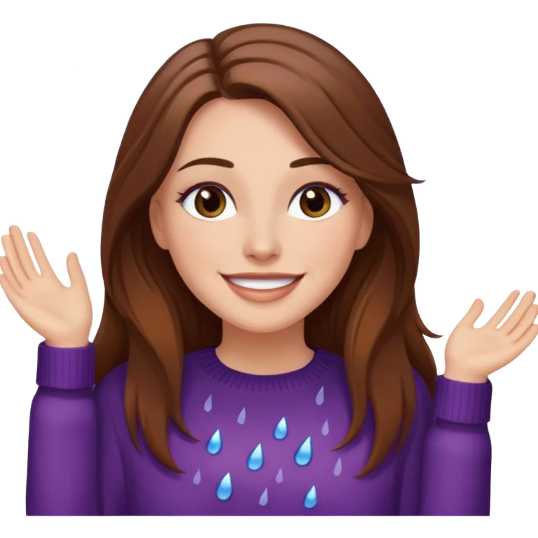 white woman with long brown hair and brown eyes, in a sweater, enjoying the rain, with makeup emoji