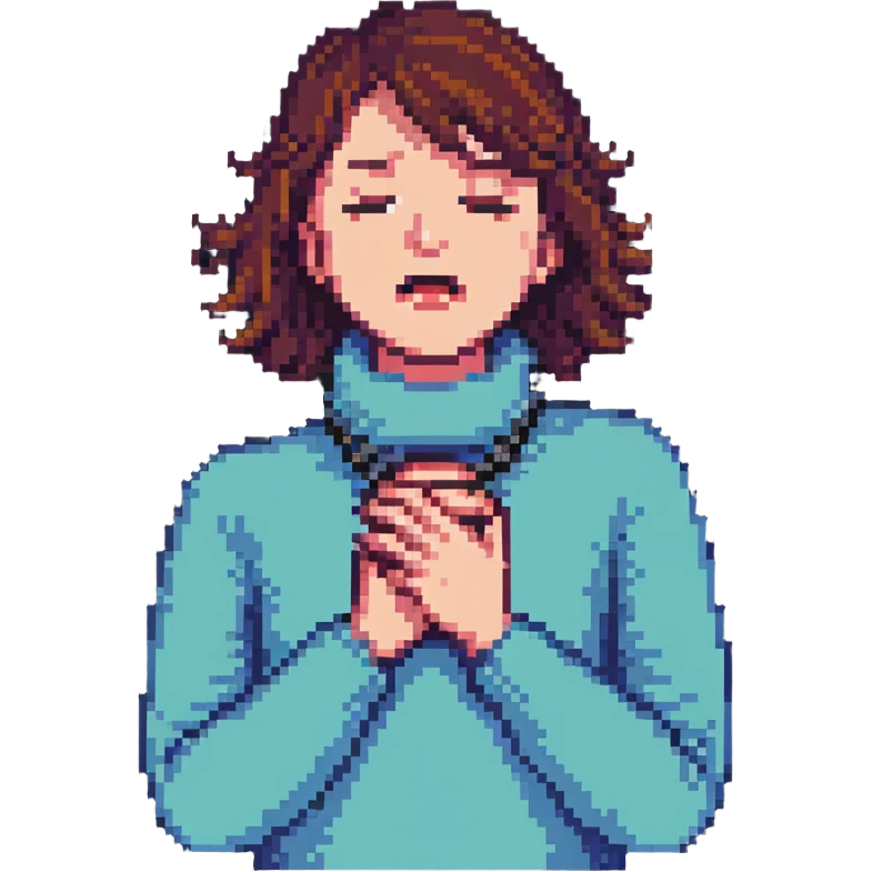 person with hands around their own neck, self-choking, simple and clear pixel art emoji