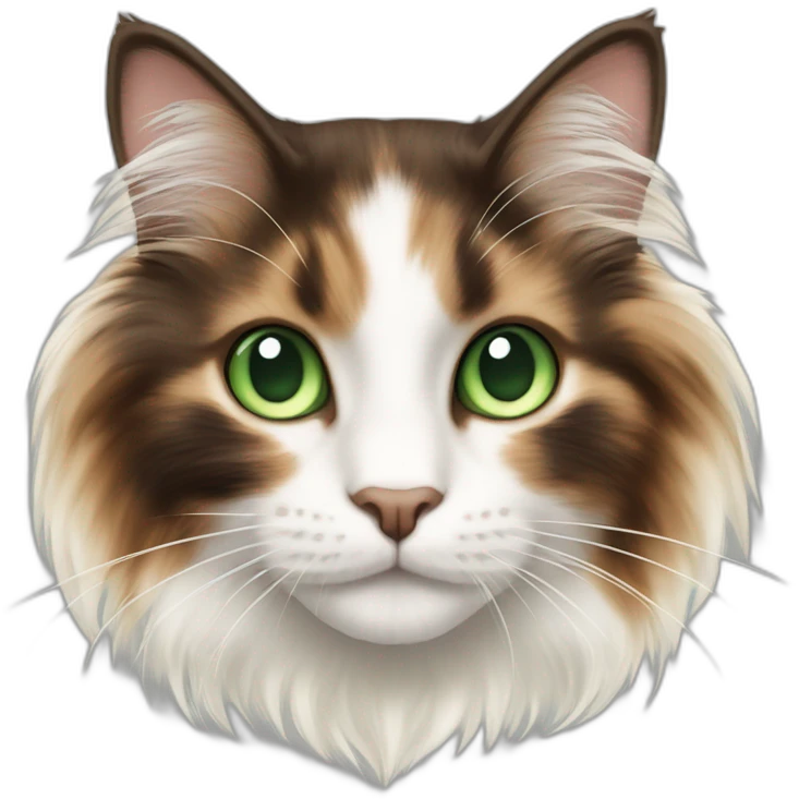 jumping longhaired white and dark brown calico cat with green eyes emoji