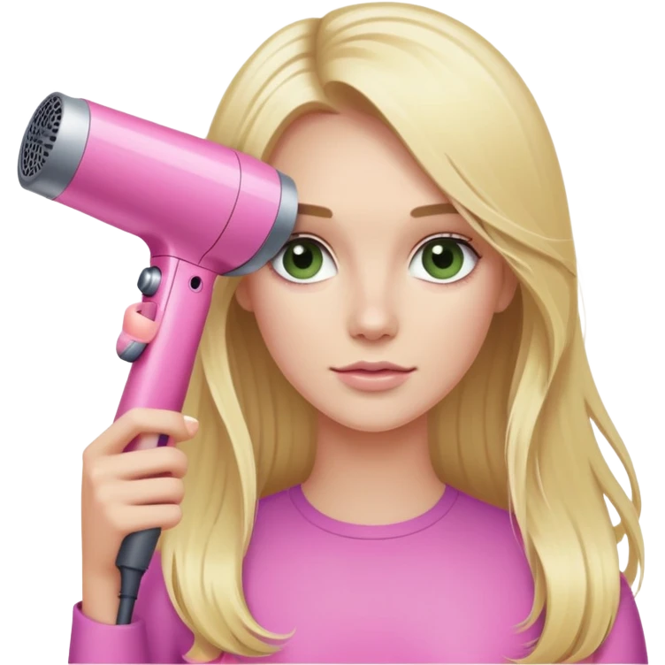 blonde with long hair and swamp eyes holding a pink Dyson hair dryer emoji