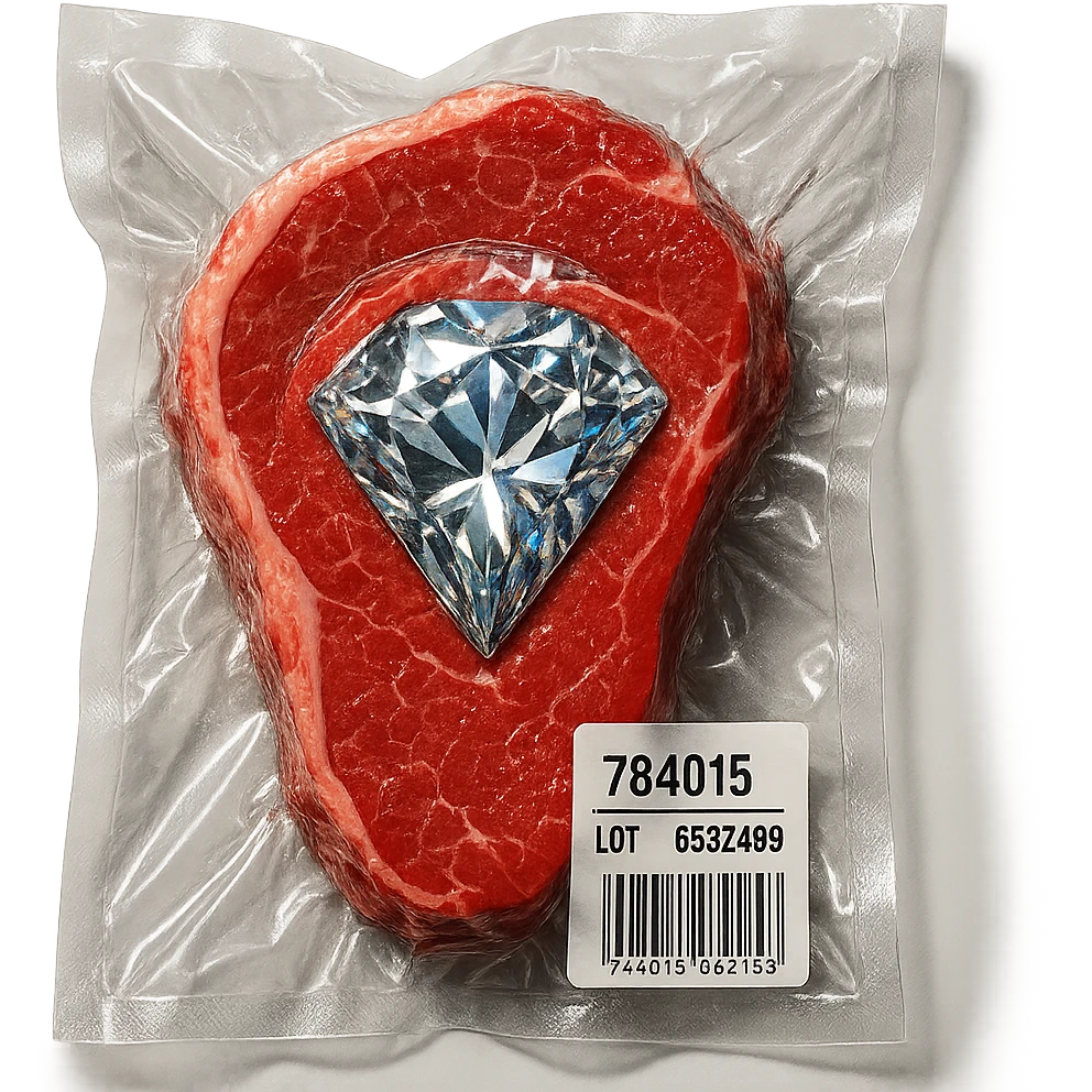 meat steak with sparkling diamond facets, glossy and puffy, vacuum-sealed style emoji
