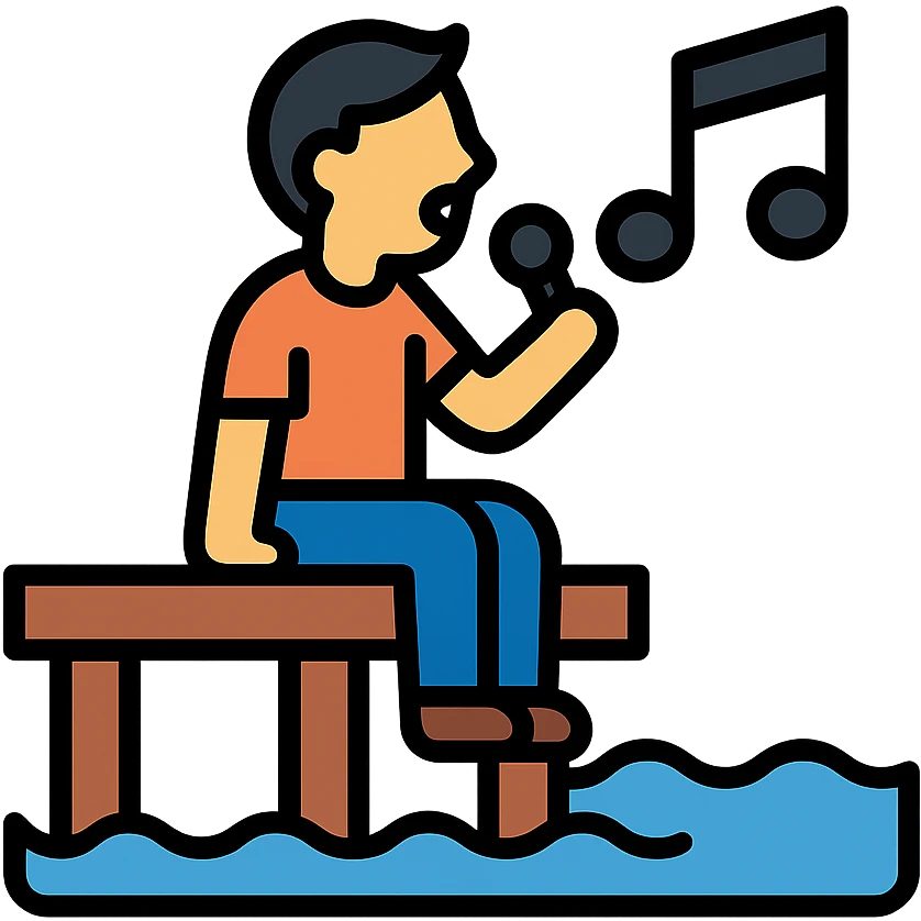 person sitting on a dock singing a song, color outline icon style emoji