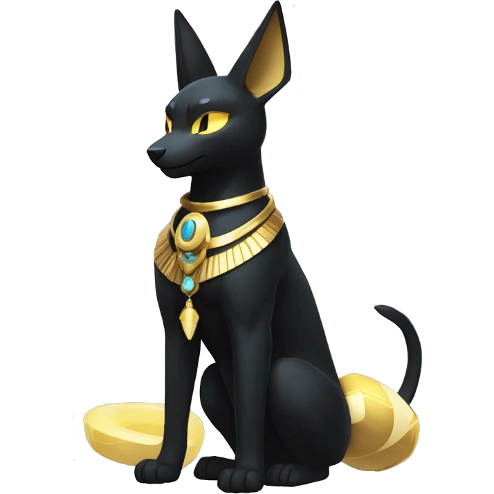 Black godly overpowered ethereal majestic Egyptian Lucario-Umbreon-Cat. Golden Anubis-Rings and yellow ring-markings. Full body emoji