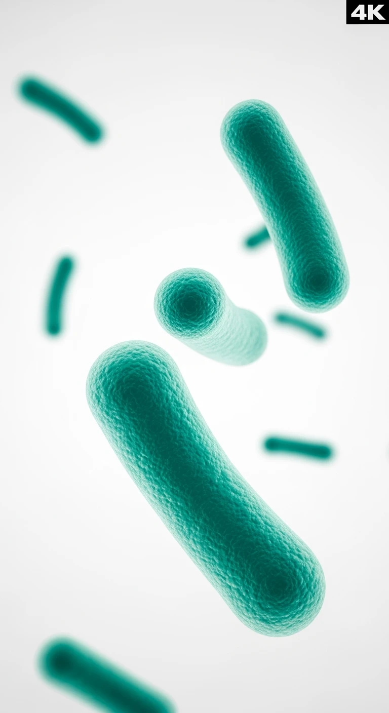 batteri intestinali turchesi fluttuano in aria, sfondo bianco, ma iperrealistica 4k emoji
