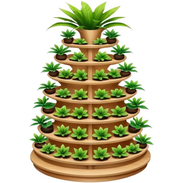 Very Large asymmetrical alien-futuristic multi-tier multi-level curved plant rack, which holds thirty-five plants, constructed from plywood emoji
