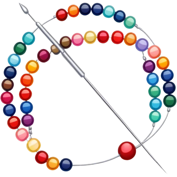 Create a harmonious and well-composed icon that represents the hobby of beadwork. The design should feature colorful beads, thread, and a beading needle or tool in a balanced arrangement. The elements should flow naturally, reflecting the creativity and precision of the craft. Ensure the composition is clean and aesthetically pleasing, with vibrant yet balanced colors. The background should be transparent. emoji