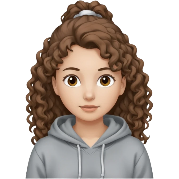 Woman, curly brown hair, hoodie, white pony tail emoji