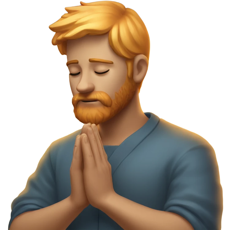 man with orange beard, short blond hair as he praying, with a holy shine behind him emoji