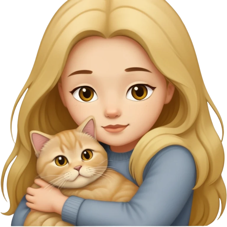 A long-haired girl hugs a Golden Shaded British shorthair emoji