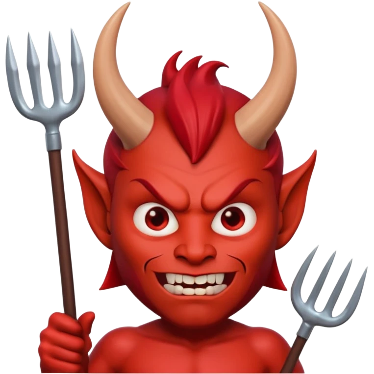 3D Memoji style male devil, red skin, horns, pitchfork, scary expression, soft lighting, solid background. emoji